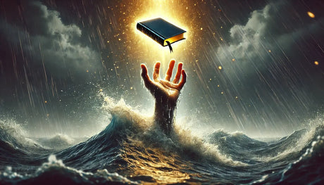 hand reaching out to bible from rushing sea