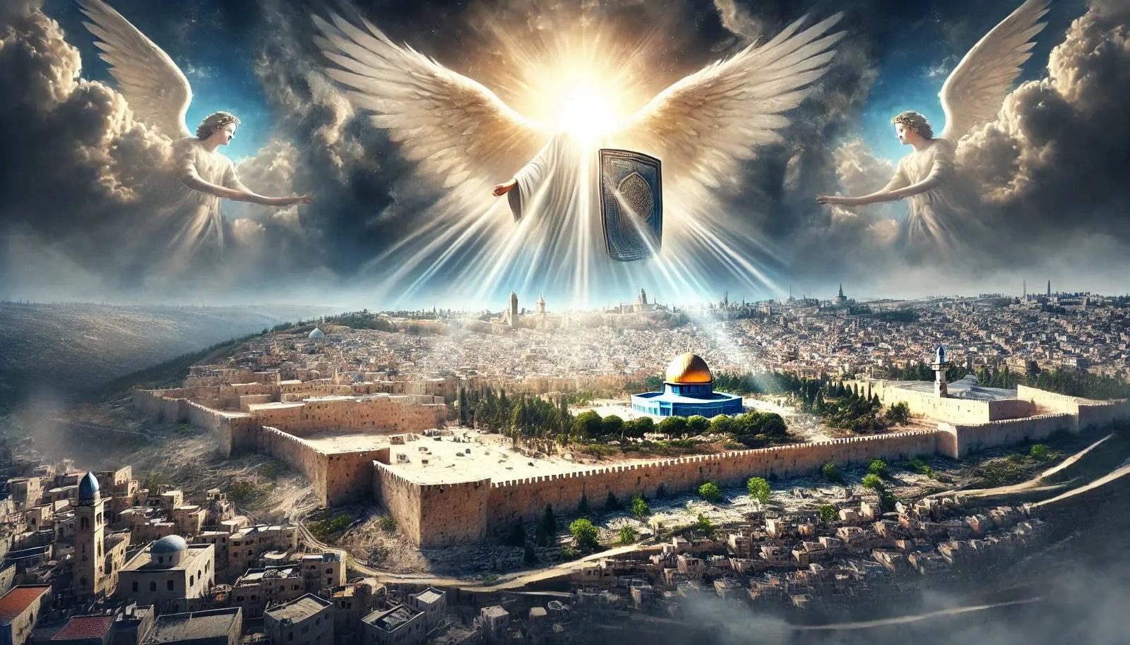 digital art of an angel above old city of Jerusalem