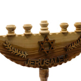 Handcrafted Olive Wood Menorah with Jerusalem Star of David Design The Israel Store