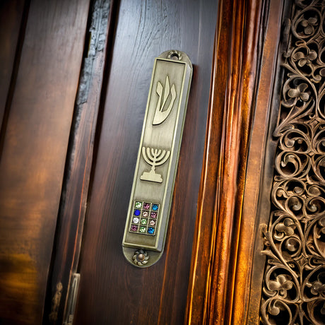 Mezuzah with Menorah and Priestly Breastplate Design The Israel Store