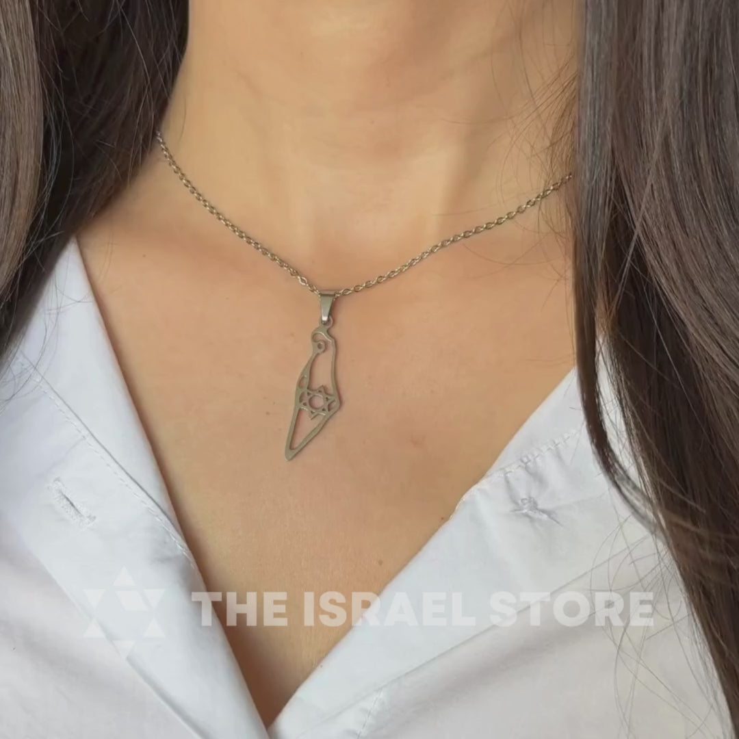Israel Map with Star of David Necklace - Silver