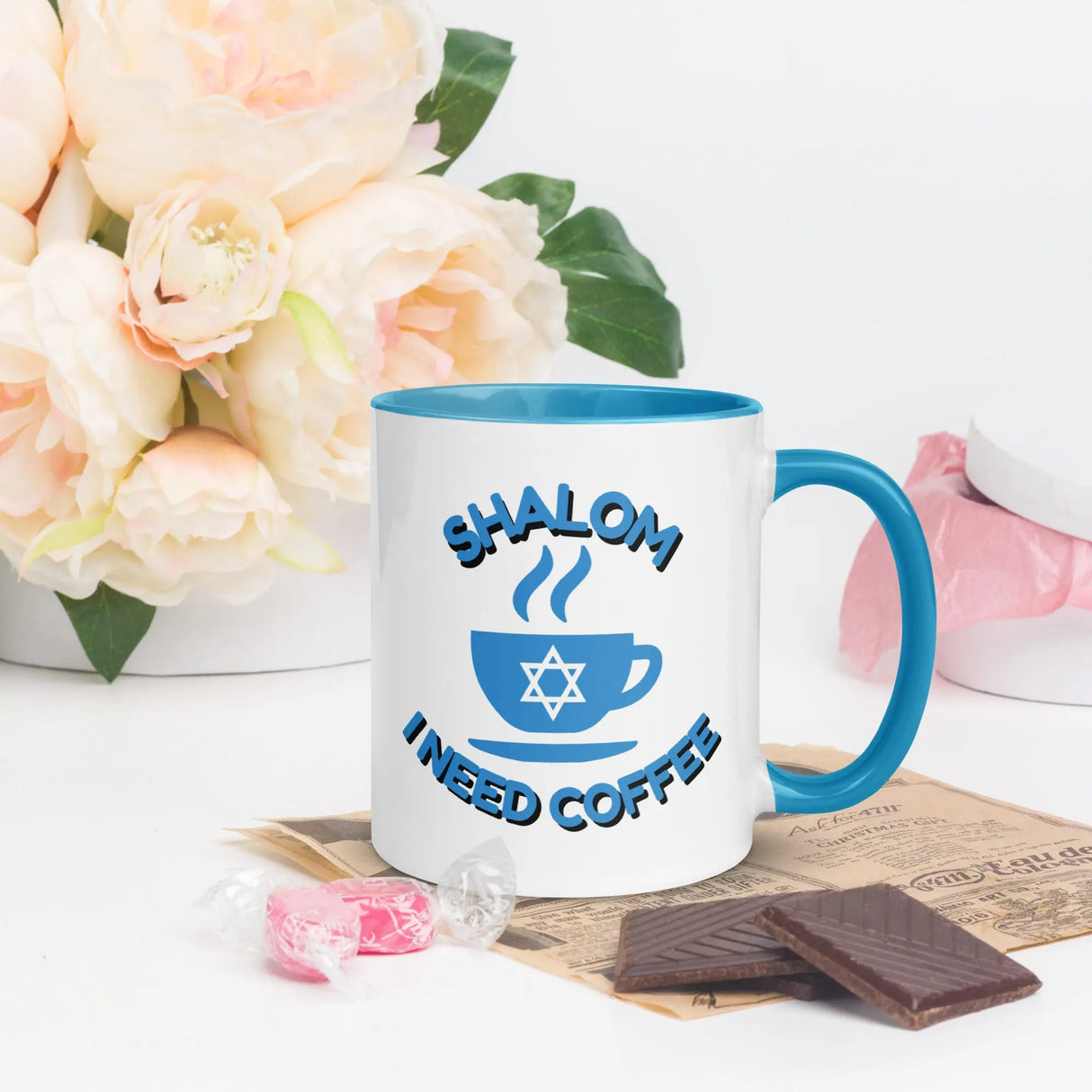 Shalom I Need Coffee Mug with Color Inside – Fun Jewish Mug with Color The Israel Store