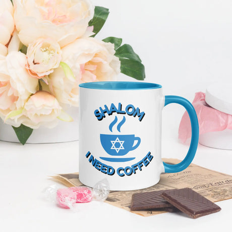 Shalom I Need Coffee Mug with Color Inside – Fun Jewish Mug with Color The Israel Store