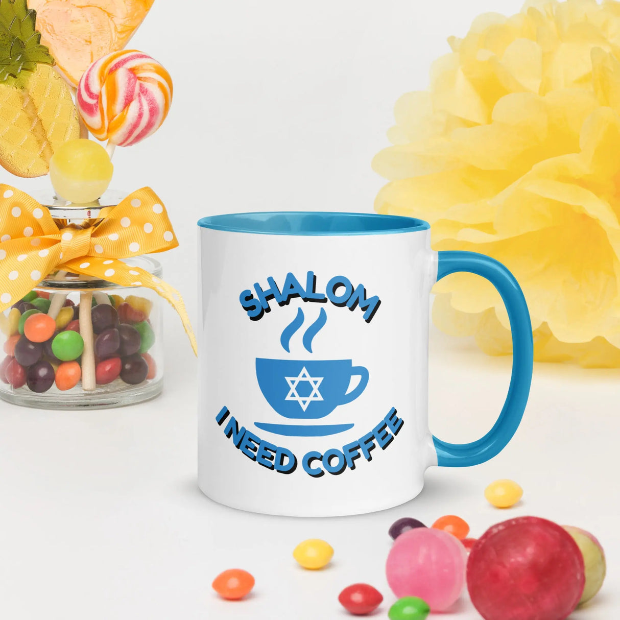 Shalom I Need Coffee Mug with Color Inside – Fun Jewish Mug with Color The Israel Store