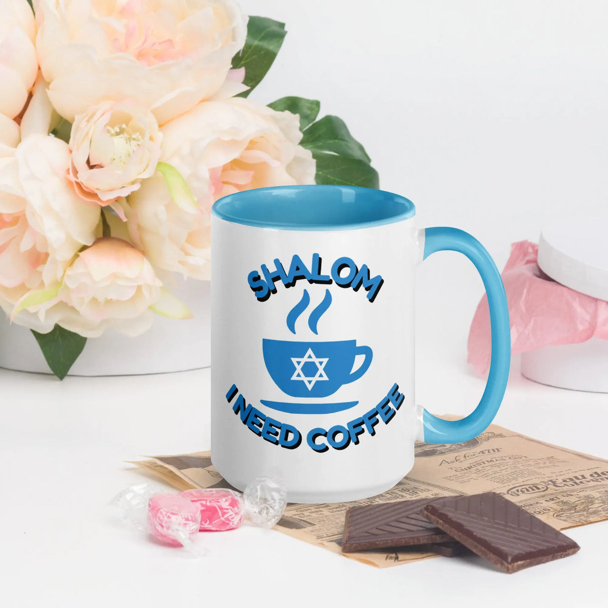 Shalom I Need Coffee Mug with Color Inside – Fun Jewish Mug with Color The Israel Store