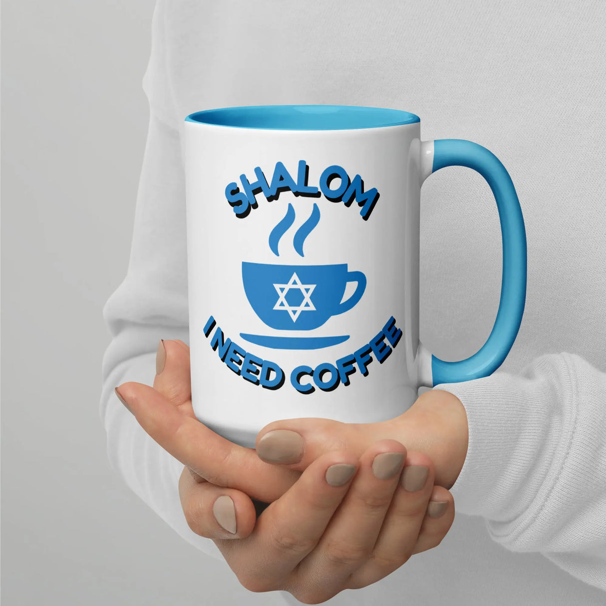 Shalom I Need Coffee Mug with Color Inside – Fun Jewish Mug with Color The Israel Store