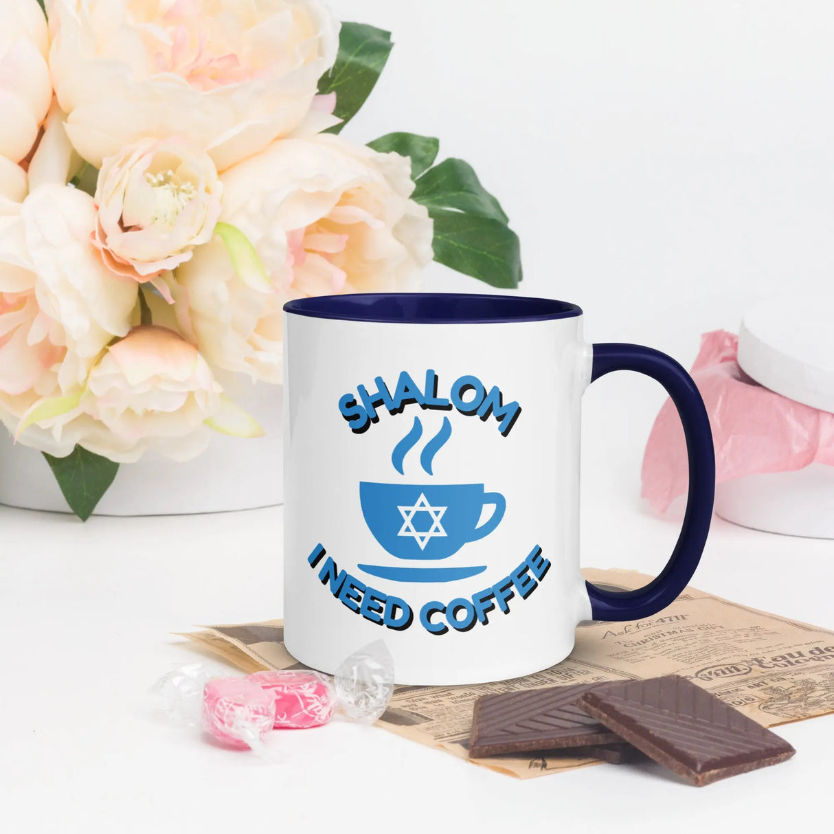 Shalom I Need Coffee Mug with Color Inside – Fun Jewish Mug with Color The Israel Store